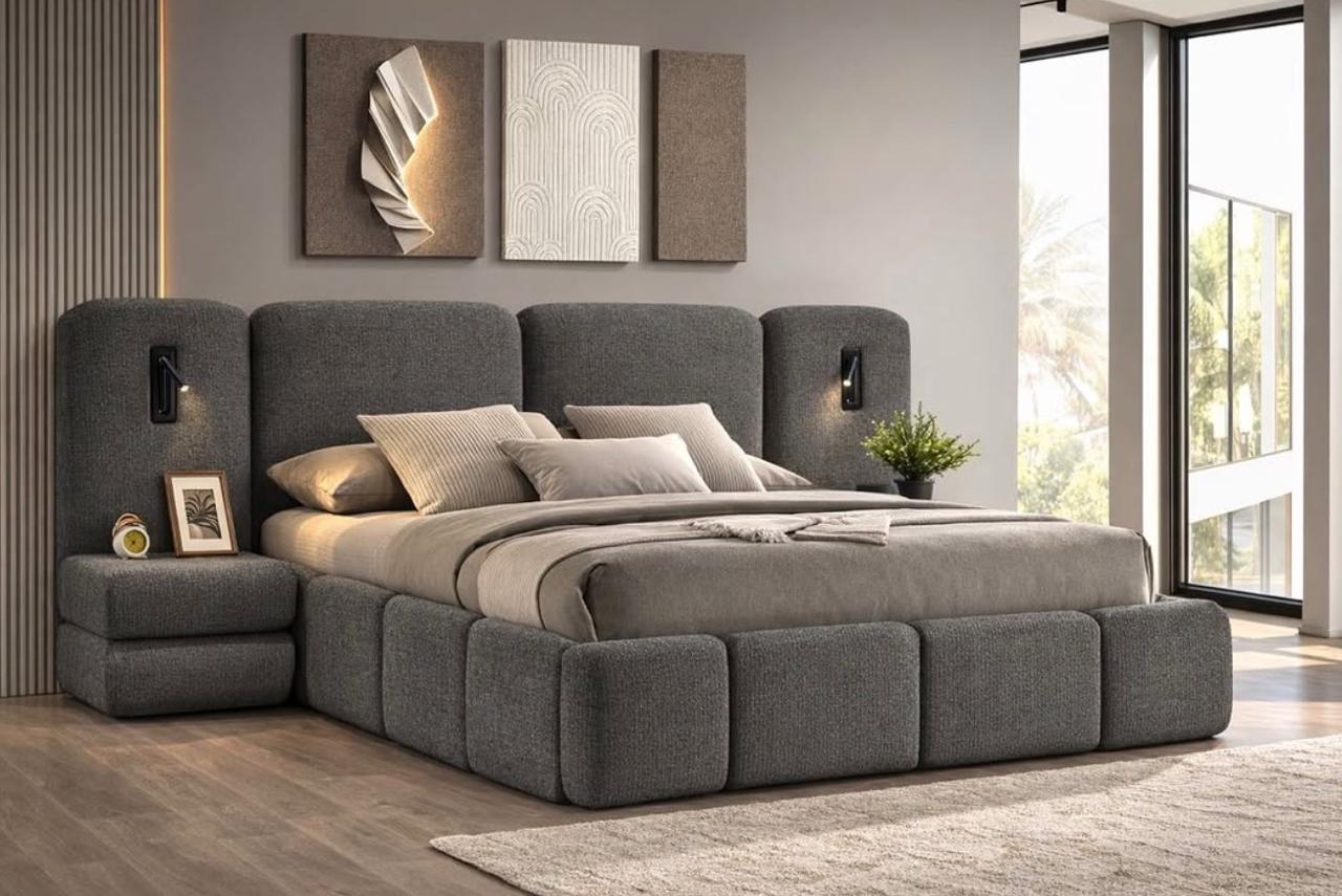 Luxe Grey Upholstered King Bed with Reading Lights
