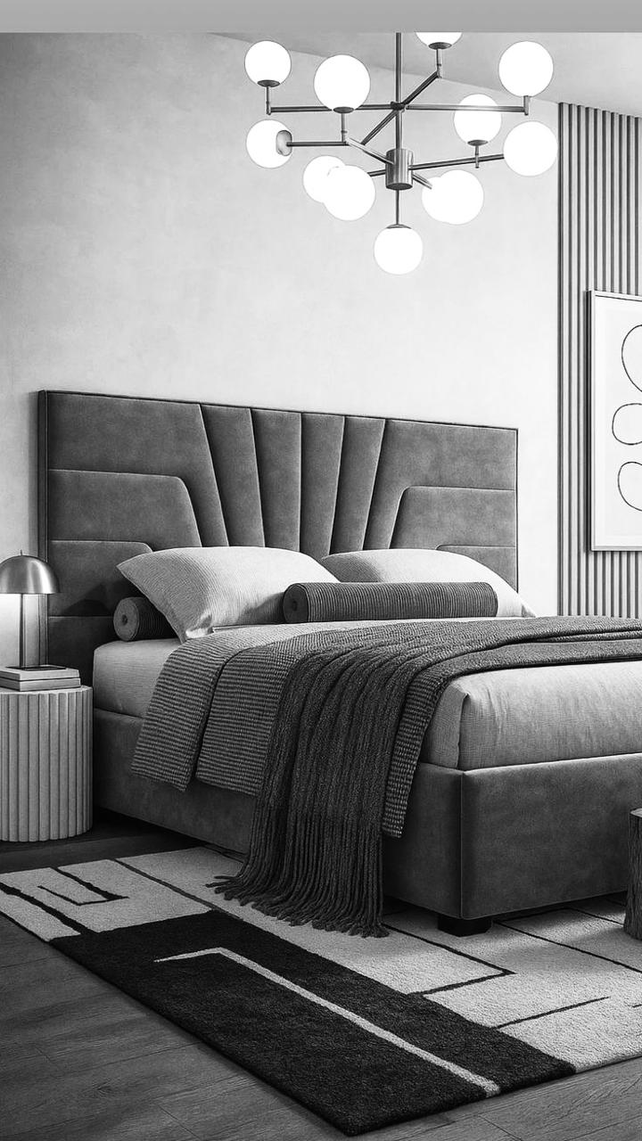 Art Deco Grey Velvet King Bed