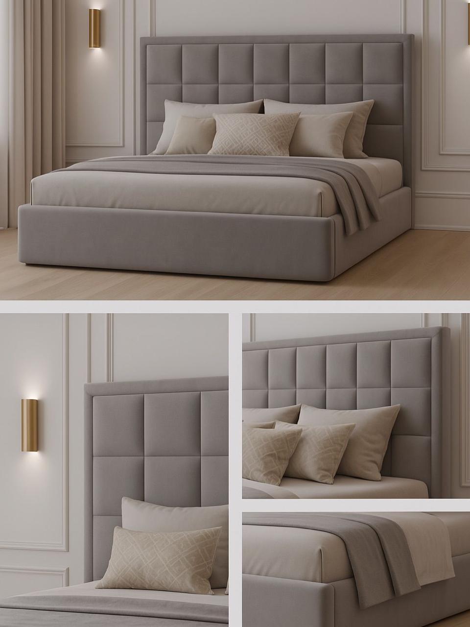 Grey Grid Tufted Storage King Bed
