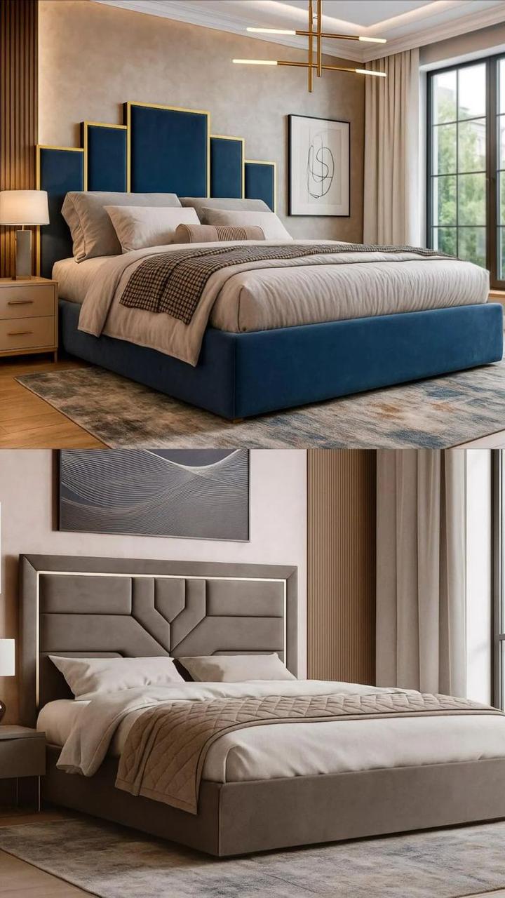 Navy Blue Velvet King Bed with Gold Accents