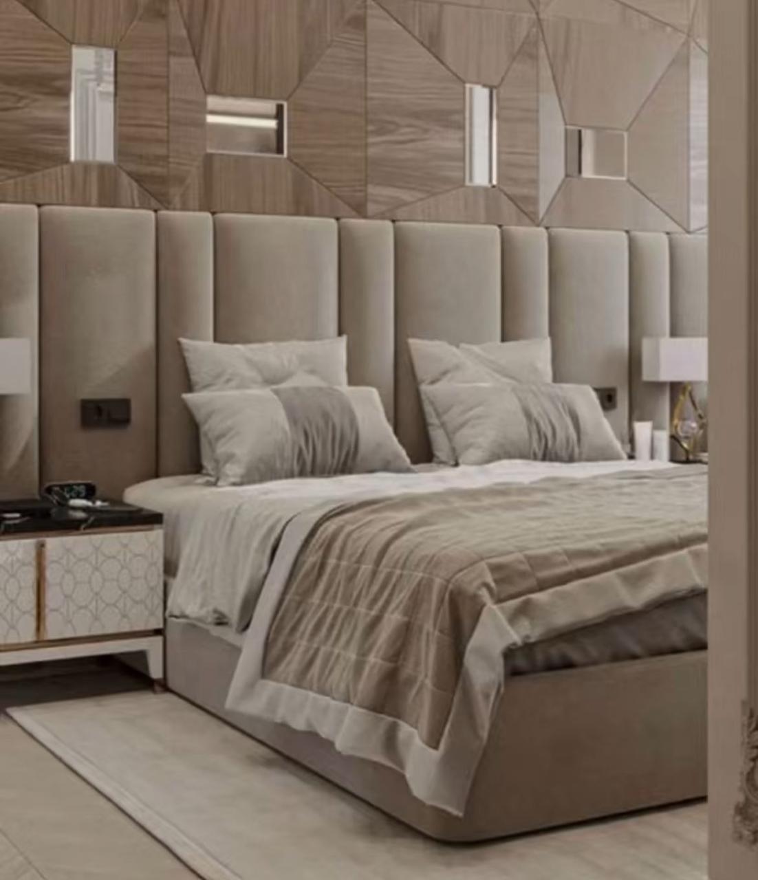 Beige Channel Headboard Bed with Wood Accent Wall