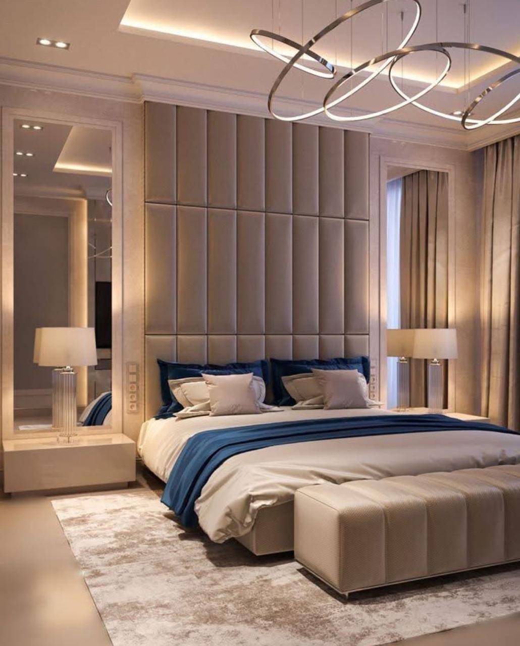 Luxury Beige and Blue Grid Wall Panel King Bed