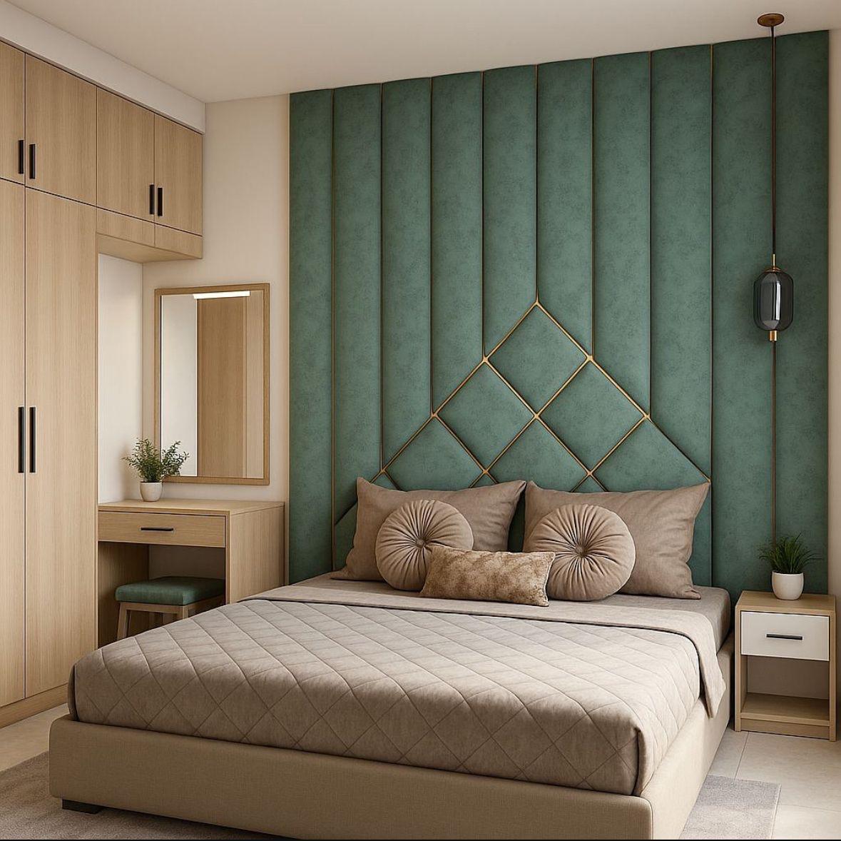 Green Velvet Channel Headboard with Diamond Accent