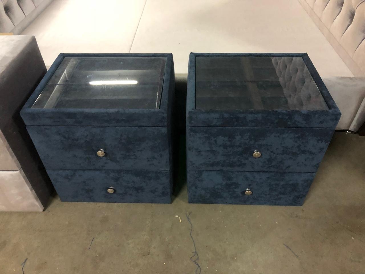 Navy Velvet 2-Drawer Nightstand with Glass Top