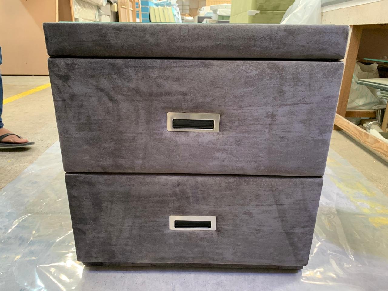 Charcoal Velvet Nightstand with Inset Metal Handles