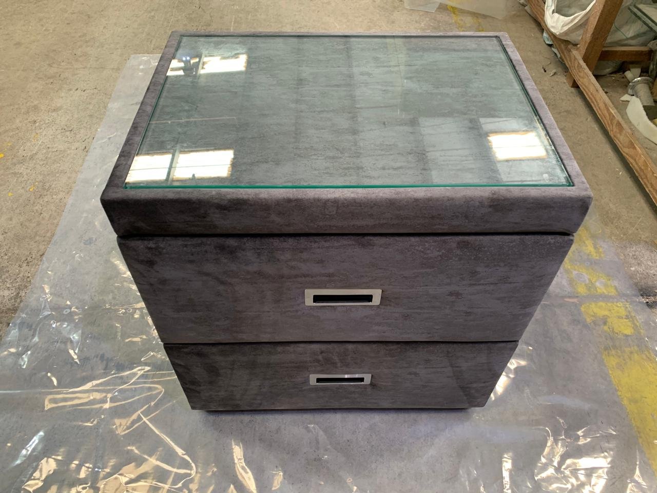 Stone Grey Velvet Bedside Table with Glass Top