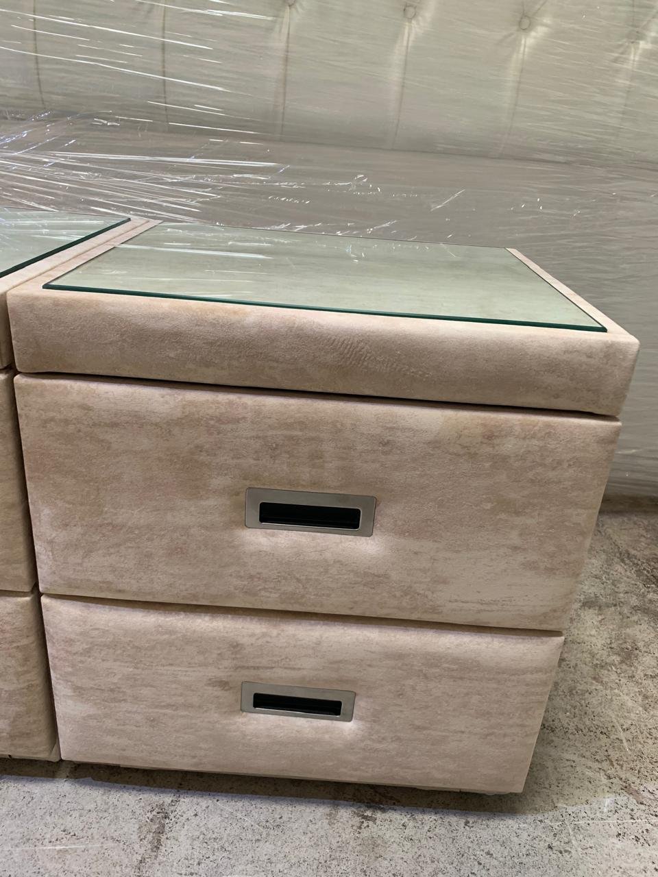 Champagne Velvet Bedside Table with Glass Top